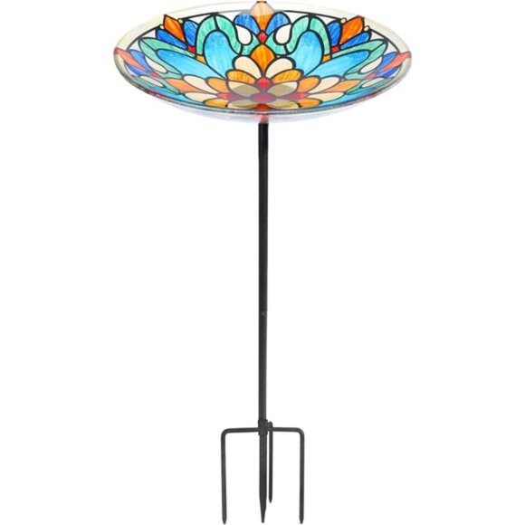 Bird Baths for Outdoors, Glass Birdbath Birdfeeder Bowl with Metal Stake - Picture 7 of 7